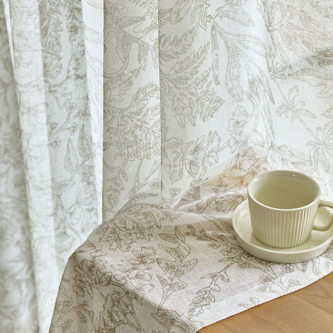 179 LILOU Sheer Curtain, Linen Fiber Fabric, Sketch Style Plant Pattern in Brown €96.50