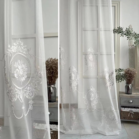 161 White Sheer Curtain with Elegant Rose Embroidery in Rococo Style €75.50