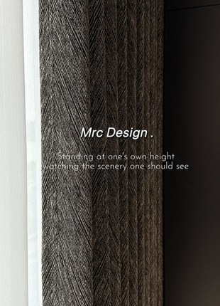 a close-up view of a textured fabric, possibly a curtain or blind, with a text overlay that reads "Mrc Design."