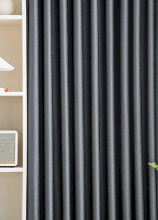 a living room with a book shelf and a black curtain