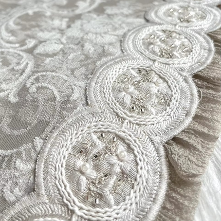 a close up view of a white lace