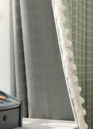 a close up of a window with a curtain in the background