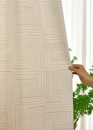 a person holding up a curtain with a plant in the background