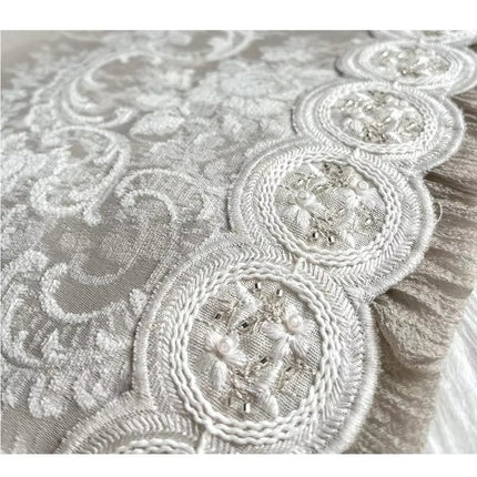 a close up view of a white lace