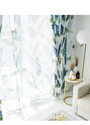 Rideau Leger Blanc Motifs Bleu Vert