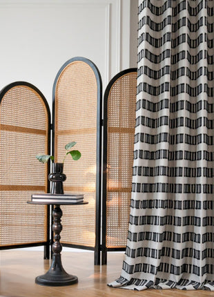 a black and white room divider with a plant in it