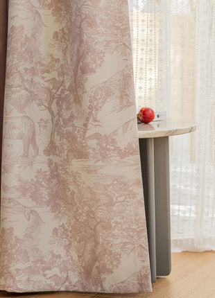 an apple sits on a table next to a curtain