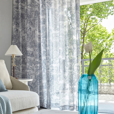 159 ANDEA Custom Sheer Curtain, Linen Fiber Fabric, Toile de Jouy Animal Style Pattern Blue €96.50