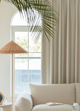 a living room with a white couch and a palm tree