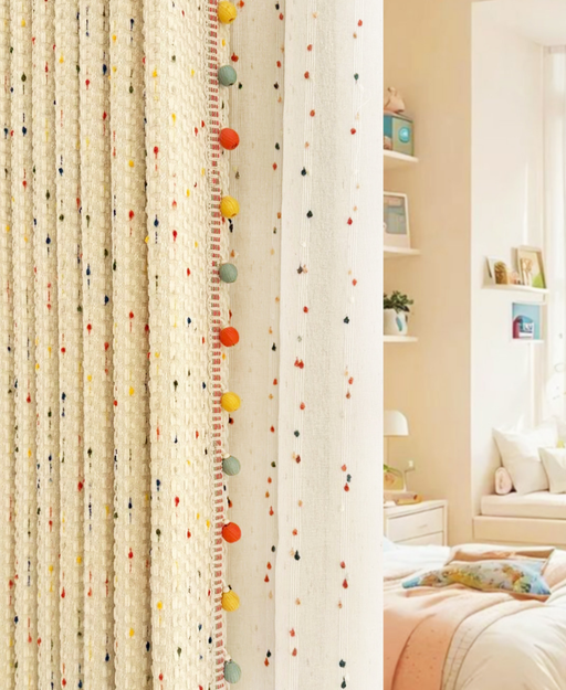 a bedroom with a bed, a shelf with framed pictures, and a curtain with colorful balls hanging from it.