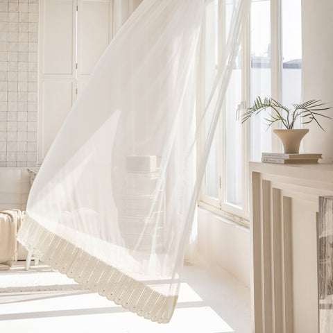 166 CASA Sheer Curtain, Embroidered Wave Fabric, Decorative Beads €75.50
