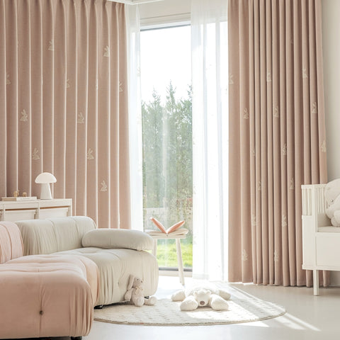 Pink linen children's curtain with rabbit pattern for bedroom