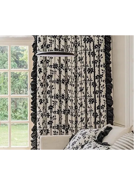Black flowers blackout curtain in smooth chenille