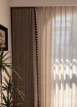 Light beige crackle effect blackout curtains with pompoms