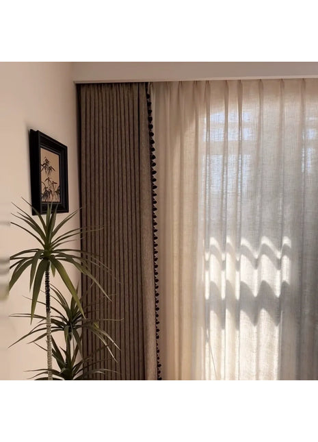 Light beige crackle effect blackout curtains with pompoms