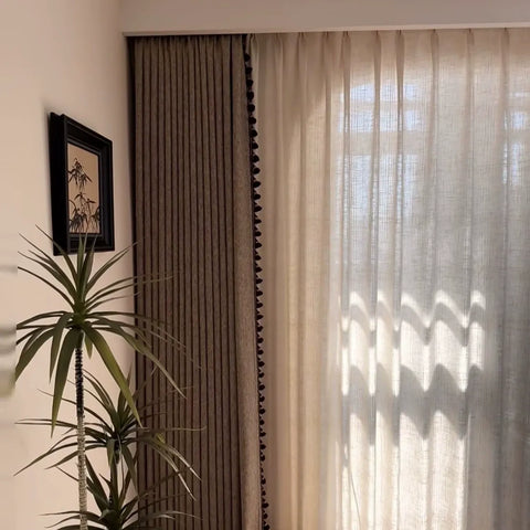 Light beige crackle effect blackout curtains with pompoms