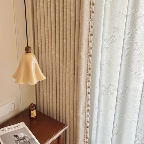 Beige floral tone-on-tone curtain for bedroom