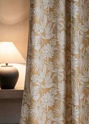 Yellow tropical curtain with chenille foliage pattern
