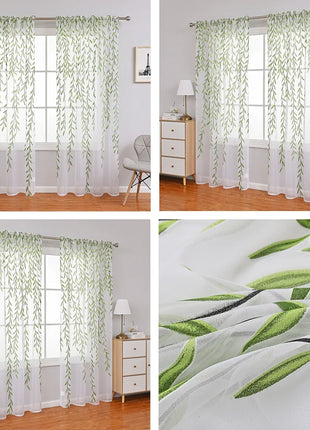 White Sheer Curtain Printed Green Leaves Living Room