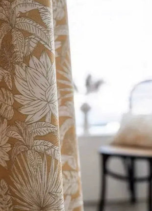 Yellow tropical curtain with chenille foliage pattern