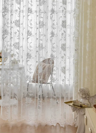 White veil embroidered beige flowers romantic style for bedroom