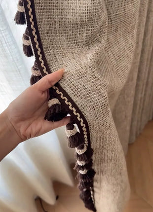 Light beige crackle effect blackout curtains with pompoms