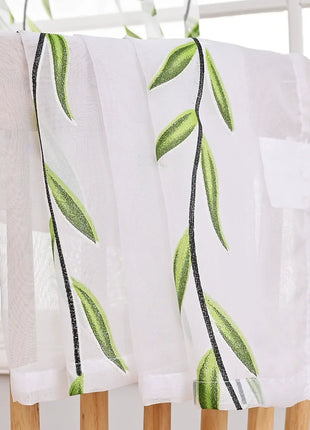 White Sheer Curtain Printed Green Leaves Living Room
