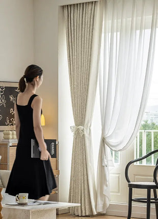 Luxury beige cotton linen blackout jacquard curtain