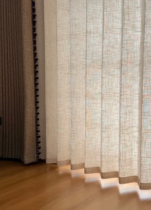Light beige crackle effect blackout curtains with pompoms