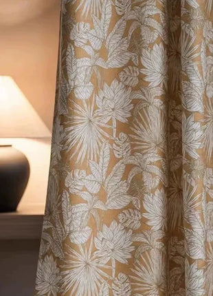 Yellow tropical curtain with chenille foliage pattern