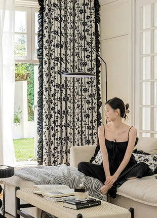 Black flowers blackout curtain in smooth chenille
