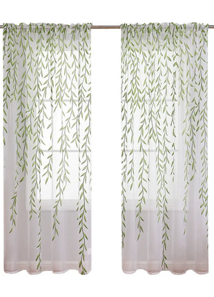White Sheer Curtain Printed Green Leaves Living Room
