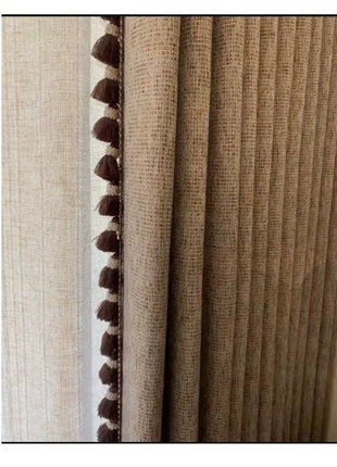 Light beige crackle effect blackout curtains with pompoms