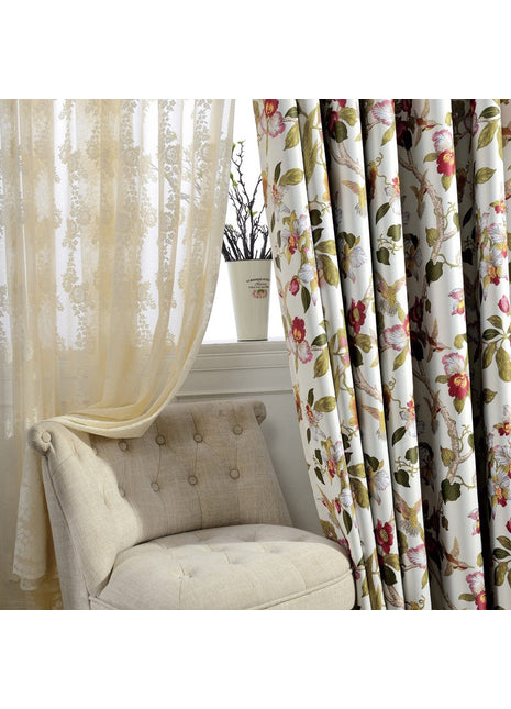White curtain with colorful patterns