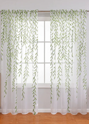 White Sheer Curtain Printed Green Leaves Living Room