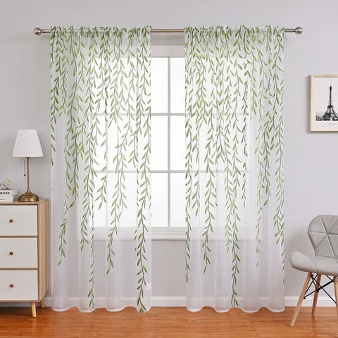 White Sheer Curtain Printed Green Leaves Living Room