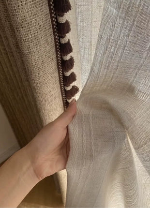 Light beige crackle effect blackout curtains with pompoms