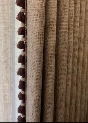Light beige crackle effect blackout curtains with pompoms
