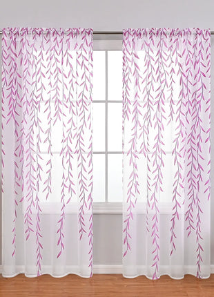 White Sheer Curtain Printed Green Leaves Living Room
