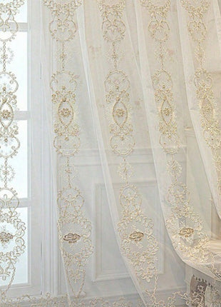 Vintage cream embroidered oriental sheer curtain