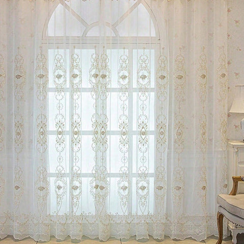 Vintage cream embroidered oriental sheer curtain