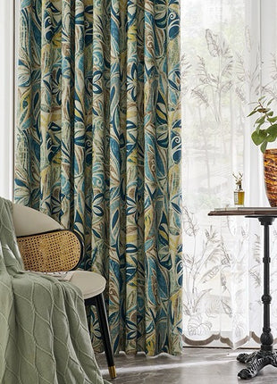 Green and beige tropical foliage chenille curtain