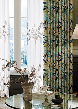 Green and beige tropical foliage chenille curtain