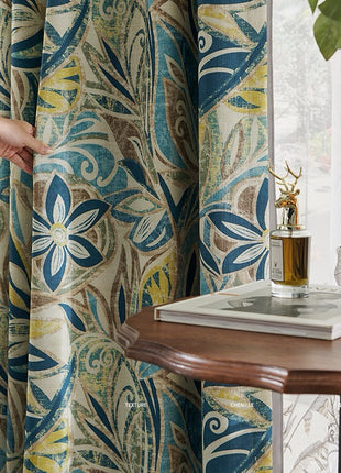 Green and beige tropical foliage chenille curtain