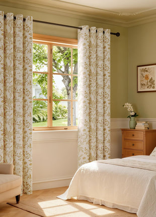 Beige jacquard curtain with embroidered patterns