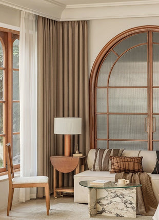 Blackout curtains in chevron textured fabric living room