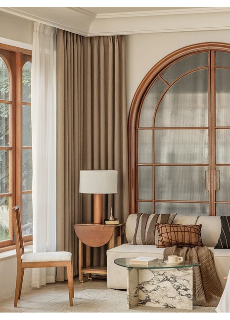 Blackout curtains in chevron textured fabric living room