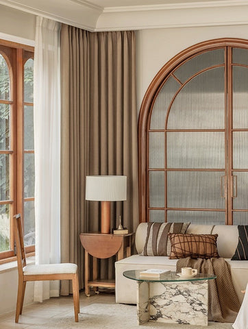 Blackout curtains in chevron textured fabric living room