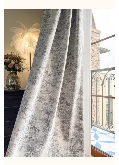 Modern Gray Toile de Jouy Sheer Curtain