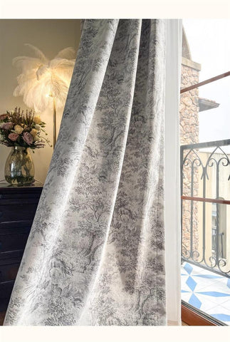 Modern Gray Toile de Jouy Sheer Curtain